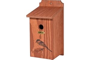 dobar® green label 22365FSCe Nistkasten "Kohlmeise" - Meisenkasten aus Holz - Nisthilfe für Wildvögel - Wetterbeständig - Nistplatz mit Siebdruckmotiv "Kohlmeise" - Ø 32 mm - 17 x 18 x 35 cm - Braun