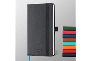 IN-LUXPRO Diary 2026 Planner: Pocket A6 Week to View (16.4x9.6 cm) 12 Months (Jan.-Dec.) Weekly & Monthly Planner with Month Tabs & Pocket, Expenses/Note Pages 100GSM Paper PU Leather Black