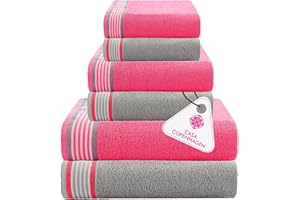 Casa Copenhagen Juego de Toallas He & She de 6 Piezas, Violeta Gris + Rosa, 550 g/m², 2 baño, 2 Mano, 2 paños, diseñado en Dinamarca con algodón Egipcio para baño, Cocina y Ducha.