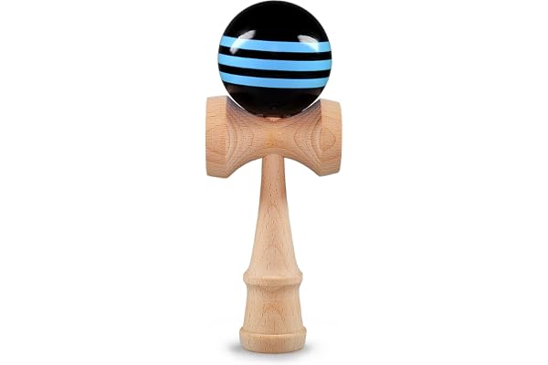 Ganzoo Kendama av äkta bokträ, blå/svart lackerad design, träkula Ø 6 cm med slitstark nylonlina, klassisk japansk konstruktion med 3 fångkoppar och spik, skicklighet och balans, höjd 16 cm