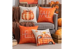 SLOZZI 4er Set Herbst Drucke Kissenbezug Dekorative Kissen Kürbis Auto Kissenhülle Sofakissen Zierkissen Geometrische Weich Dekokissen für Sofa Schlafzimmer Wohnzimmer 45x45 cm Orange Kürbis