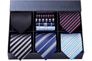 HISDERN Set 5 PCS Cravatta Uomo - Tinta Unita, Pois, Quadri, Righe - Fazzoletto Incluso - Per Festa e Matrimonio