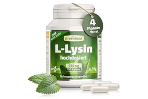 ‎GREENFOOD L-Lysin, hochdosiert, 450mg - 120 Kapseln, vegan. Essentielle Aminosäure – gewonnen durch natürliche Fermentation. OHNE künstliche Zusätze - laborgeprüft. Von Greenfood.