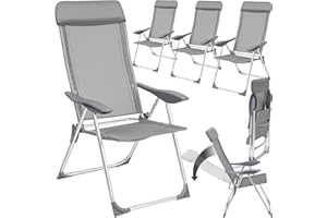 TecTake® Conjunto Sillas Jardín Exterior de Aluminio, Respaldo Regulable y Reposacabezas, Conjunto Sillas Terraza Resistentes a Intemperie, Transpirable, Patas Reforzadas - 4 Sillas Gris