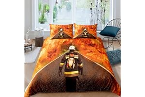 Loussiesd Feuerwehrmann Betten Set Feuerwehrmann Bedrucktes Bettwäsche Set 155x220cm Für Kinder Jungen Mädchen Erwachsene Brennendes Feuer Bettbezug Set Feuerlöscher Held Raumdekor
