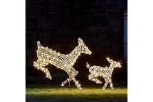 Lights4fun Harlow LED Rattan Rentier Figuren Mutter und Kind | Fernbedienung Timer | Solarbetrieben | Weihnachtsbeleuchtung Außen Weihnachtsfigur | 102 cm & 60 cm