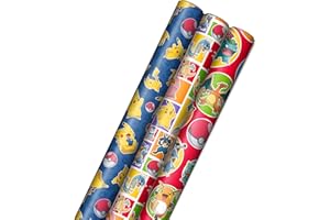Hallmark Papel de regalo Pokémon con líneas de corte en el reverso (3 rollos: 60 pies cuadrados Ttl) con Pikachu, Charmander, Bulbasaur para cumpleaños, fiestas infantiles, jugadores, regalos de