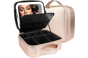 MOMIRA Reise-Make-up-Tasche Kosmetiktasche mit beleuchtetem Spiegel, Einstellbarer Helligkeit in 3 Farbszenarien, wasserdichte Makeup-Trainingsbox, Geschenk für Frauen - Champagner