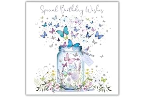 Nigel Quiney Artistic Open Female 'Happy Birthday' Greeting Card - Butterfly Jar Illustration - With A Silver Foil Finish - From The Pizazz Range - For Her