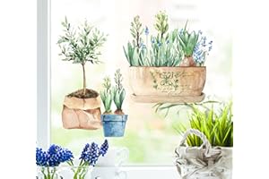 wolga-kreativ Fenstersticker Fensterbilder Glasdekorfolie Motiv Fensterfolie Fenstertattoo Hauspflanzen Blumen im Keramiktopf Deko Küchenfenster wiederverwendbar selbstklebend Sichtschutz