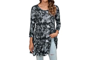 Enmain Tunique Femme Longue Grande Taille à Manches 3/4 Chic et Élégante Chemisier Haut Ample à Motifs Couleur Unie Col Rond T-Shirts Blouses
