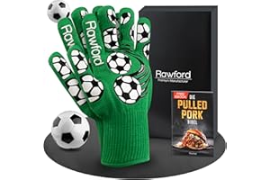 ‎RAWFORD Rawford Barbecue Gloves Heat Resistant 500°C Green - For BBQ, Oven, Fireplace & Cast Iron - Stitched Lining, Non-Slip, FREE Pulled Pork E-Book - Football Design, 1 Pair