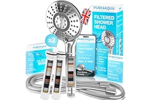 PURE AQUA FEEL FRESH, LIVE PURE PUREAQUA 15 Stage Shower Head Filter | Shower Filter X2 | Hard Water Showerhead Filters | High Pressure Shower Heads | 5 Spray Settings Power Shower Head | Skin & Hair | Fast Results | UK Brand