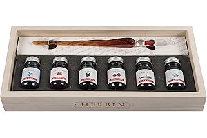 Jacques Herbin 27604T - Geschenkset aus Holz mit 6 Tintenflakons, farbig sortiert, 10ml und 1 Glasfeder, 1 Set