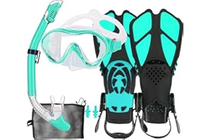 HH HHAO SPORT Set da snorkeling per bambini con pinne, 180°, anti-appannamento, panoramico, visione ampia, pinne regolabili, maschera subacquea di alta qualità e boccaglio asciutto per nuoto