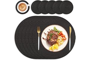 wiipara Round Woven Placemats Set of 6 Heat Resistant Round Braided Table Mats, 34 cm Washable Table Placemats and Coaster Sets for Dining/Kitchen Table, Party, Wedding (Black)