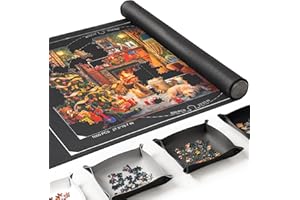 ROPODA Jigsaw Mat, Puzzle Mat for up to 1500 Pcs, Jigsaw Board with 4 Large Sorting Trays, Portable Non Slip Rubber Puzzle Roll with Storage Bag, Foldable Puzzles Saver Pad for Children Adults, Black