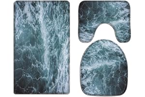 A.Monamour Badezimmer Badematte 3 Teilig Set Ozean Sturm Meer Wellen Blau Wasser Textur Abstrakt Kunstdruck Toilettensitz Abdeckungen Flanell Saugfähig Badteppiche Badvorleger Badgarnitur WC Vorleger