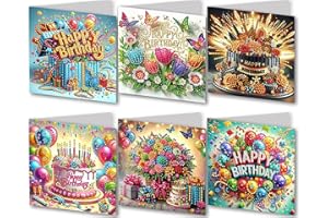 NHEMEYLP 6PCS DIY Diamond Art Birthday Cards with Envelopes 5D DIY Diamond Art Crystal Happy Birthday Card Kits for Family Friend Handmade Postcard Gifts (A)
