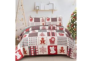 ‎WONGS BEDDING WONGS BEDDING Tagesdecke 220x240 Weihnachts Bettüberwurf Rotes Patchwork Doppelseite Wohndecke Schneeflocke Weihnachten Überdecke für Schlafzimmer Stepp Decke mit 2 Kissenbezüge 50x75cm