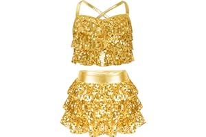 Miutii Kids Girls 2 Piece Sequins Camisole Crop Top with Skirt Ballet Modern Jazz Latin Dance Performance Costume