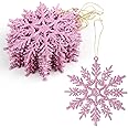 VEYLIN Christmas Hanging Decorations, 12PCS Glitter Snowflake Ornaments for Trees (Pink)