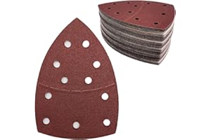 LYHLYA 50 pcs Mouse Sander Pads, 11- Hole 80 Grits Mouse Sander Sandpaper Hook and Loop Sanding Pads 108x155 mm Triangle Multi Tool Sander Pads for Sanding and Polishing