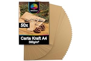 OfficeTree 50x Carta Kraft A4 300g - Cartoncino Marrone - Craft Cartoncino 300 Grammi per il Crafting, il Taglio e la Stampa - Fogli Marroni - Carta Paglia A4