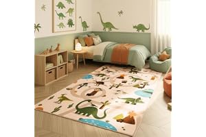 SIMPEX Barnmatta Dinosaurier Lekmatta för Barnrum i Beige med Dino Motiv och Vägar storlek 200x290 cm idealisk för lekrum
