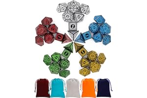 QMAY DND Würfel, 5x7 Set (35 Stück) Vintage Gravur Serie Polyedrische Würfel Set mit 5 Beuteln, für Dungeon and Dragons MTG Tischspiele RPG DND D4 D6 D8 D10 D% D12 D20