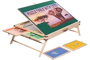 THREE WAY CUT Puzzle Table with Legs, Portable Wooden Jigsaw Folding Puzzle Table W/Drawers, 34x25 Tilting Adjustable Puzzle Table Board, Lockable Foldable Puzzle Stand Desk for Adults W/Cover (1500-2000 Pieces)