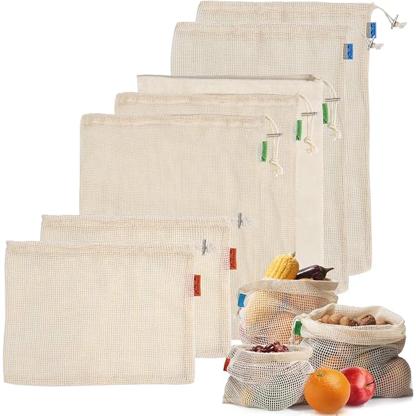 3 Sacchetti Per La Spesa Riutilizzabili In Rete Di Cotone Con Coulisse Per Frutta E Verdura Beige~p125277176