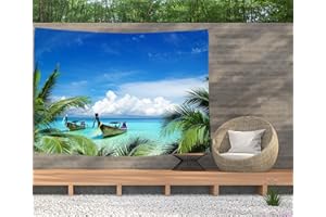 Ulticool – Spiaggia mare barca palma naturale – Arazzo da parete – 200 x 150 cm – Poster da giardino – Arazzo grande – Accessorio decorativo per giardino e soggiorno
