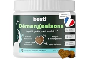 BESTI - Démangeaisons | 75 Compléments Alimentaires Premium pour Chiens | Contre Léchages, Grattements, Mordillements | Omega 3, Probiotiques | Marque Française - Formule Vétérinaire | Saumon | 300g