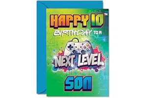 GIFTZIE 10th Birthday Cards For Son - Next Level - Happy Birthday Card for 10 Year Old Boy Cousin Nephew Son Grandson, 5x7 Inch Bday Greeting Cards