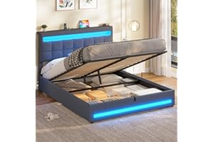 ‎AOGLLATI AOGLLATI Hydraulisch Stauraumbett 140×200cm, Polsterbett Doppelbett mit LED und USB-Ladefunktion, Funktionsbett Bettgestell mit Stauraum und Lattenrost, Linen,Ohne Matratze, Dunkelgrau