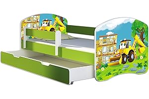 ACMA Letto per Bambino Cameretta per Bambino con Materasso Cassetto II VERDE (20 L'escavatrice, 180x80 + Cassetto)