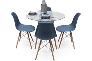 SENSACION DE HOGAR HOMELY MUEBLES DECORACION DESCANSO Homely - Conjunto de Comedor Nordic Cristal 100 Mesa de Cristal Redonda de 100 cm y 4 sillas nórdicas (Azul Horizonte)