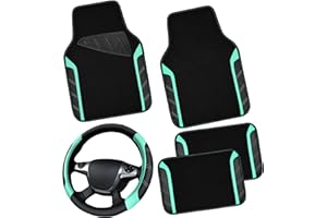 ‎CAR PASS CAR PASS Leder Lenkradbezug und wasserdichte Auto Fußmatten, Mikrofaser Universal Auto Combo passend für 95% LKWs SUVs Autos, 36.8-38.1CM Sportlich Anti-Rutsch Design(Schwarz Minze)