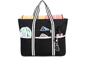 LEDAOU Duża torba plażowa z zamkiem błyskawicznym, wodoszczelna, torba na ramię, torba na zakupy, odporna na piasek, z zamkiem błyskawicznym, na basen, fitness, torba podróżna dla rodziny, B-czarny,