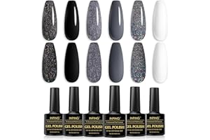 INPING Esmaltes Semipermanentes Para Uñas en Gel UV LED, Esmalte Semipermanente Negro, 6 Color Brillante Pintauñas Semipermanentes Blanco Negro Gris, Kit Esmaltes Semipermanentes para Uñas