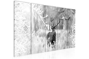 Runa Art Tableau mural XXL Hiver Cerf 200 x 80 cm Noir Blanc 5 Parties - 004155b