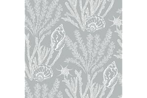 Yomshi Self Adhesive Wallpaper Silver Sea Life Contact Paper Grey Peel and Stick Wallpaper Seaweed Shells Wallpaper 41×300cm Waterproof Vinyl Film for Living Room Bedroom Cabinet