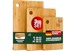 Blumtal Bambus Schneidebrett Carlota 3er Set - Hackbrett mit Loch zum aufhängen, Küchenhelfer aus 100% Bambus mit Silikonfuß