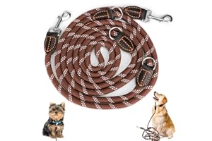 MOCOBO Smycz dla dużych i średnich psów – regulowana, podwójna smycz z nylonu z 2 karabińczykami i 3 pierścieniami – 3 m x 15 mm – brązowa