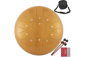 BuoQua Tamburo di Lingua Handpan Musicale 11 Toni Diametro da 12 Pollici, Strumento a Percussione Tamburo di Lingua in Acciaio 11 Linguette con Mazze, Tamburo di Lingua Handpan Musicale Colore Dorato