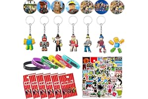 PYTRARTY 78 Artilugios Fiestas Cumpleaños Robllox, Muñequeras Silicona 6pcs, Insignias 6pcs, Bolsas Regalo 10pcs, Llaveros 6pcs, Pegatinas 50pcs, Decoración para Cumpleaños de Fans de Robllox