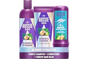 Aussie Blonde & Hydrate Purple Shampoo And Conditioner Set With Hair Mask. Neutralise Brassy, Yellow Tones On Bonde, Highlighted & Silver Hair. For Bleached, Highlighted And Grey Hair
