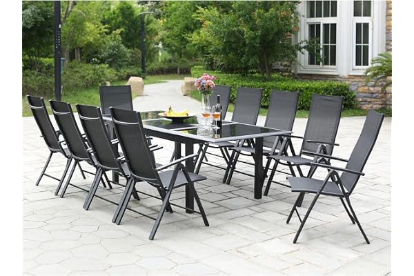 CONCEPT USINE- Salon de Jardin en Aluminium - Ensemble Mobilier d'Extérieur : Table Extensible Mécanisme Papillon + 10 Chaises Pliables et Inclinables - Gris - Design Ravenne - Robuste Résiste à l'Eau