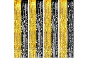 FLETORIN 4 Piezas Cortinas Cumpleaños, Cortina Decoracion Oro Negro, Cortina Metálicas Foil Fringe Decor, Fondo Decoracion Fiesta, Cortinas Metálica para Decoración Pared Boda Halloween Cumpleaños Fiestas
